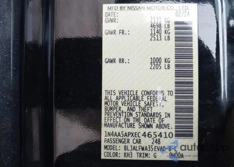 2014 Nissan Maxima 3.5 Sv from USA, damaged, VIN 1N4AA5APXEC465410